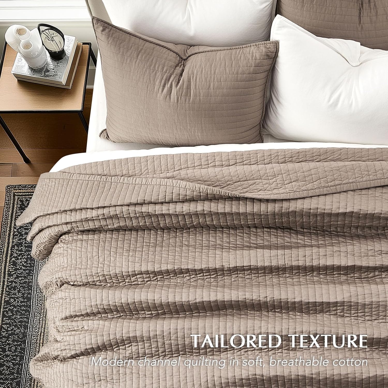 EVERGRACEHOME Cotton Sateen Quilt Set King Size, Pre-Washed Cotton Channel Stitch Coverlet Bedspread, 3 Pieces Lightweight Soft Bedding Sets for All Season, with 2 Pillow Shams, Stone Taupe