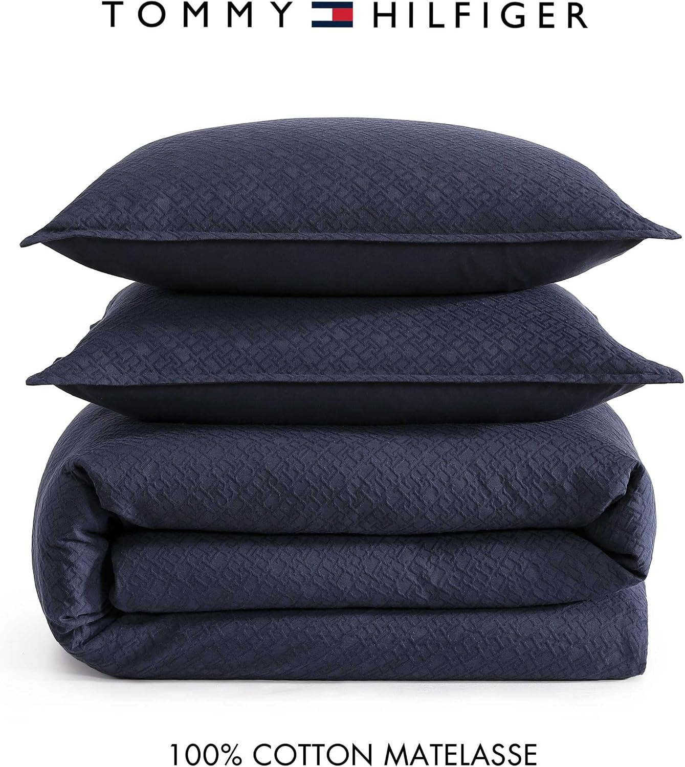 Tommy Hilfiger - Comforter Set, Luxuriously Soft Cotton Matelassé Bedding with Matching Shams, Textured Design (Monogram Navy, Full/Queen)