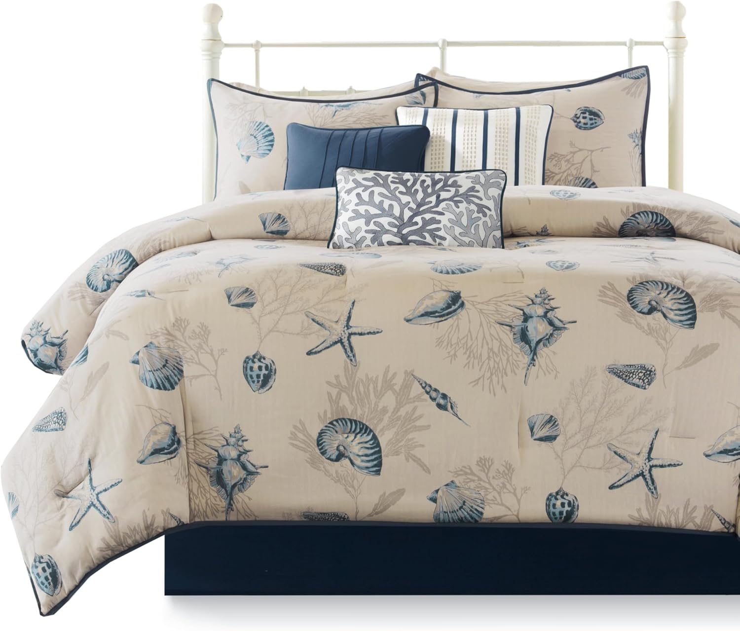 Madison Park 100% Cotton Comforter Set - Coastal Coral, Starfish Design All Season Down Alternative Cozy Bedding with Matching Shams, Decorative Pillow, King(104'x92'), Taupe 7 Piece
