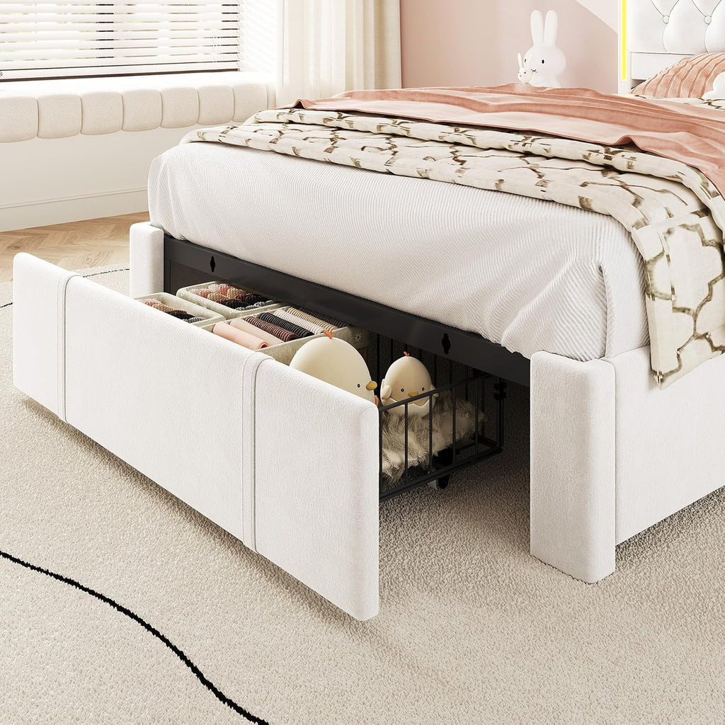 HAUOMS Twin Bed Frame with Storage Headboard & 3 XL Drawers, Power Outlet Type-C/A, Velvet Upholstered Princess Girls Bed Twin Size, No Box Spring Needed, Creamy White