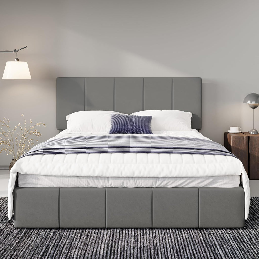 Allewie Queen Size Dutch Velvet Upholstered Platform Bed Frame/Vertical Channel Tufted Adjustable Headboard/Low Profile Bed Frame/No Box Spring Needed/Easy Assembly/Grey