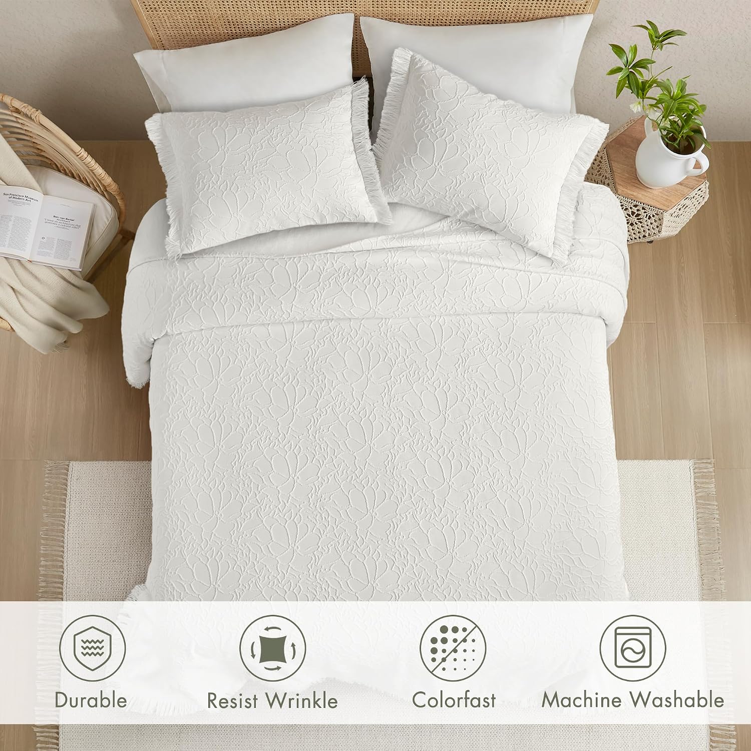 Madison Park Queen Bedspread Oversized Chenille Floral Bespread with Fringes, Bedding Set Cozy Quilt, All Season Lightweight Soft Bedspread, Willow, Queen White 3 Piece