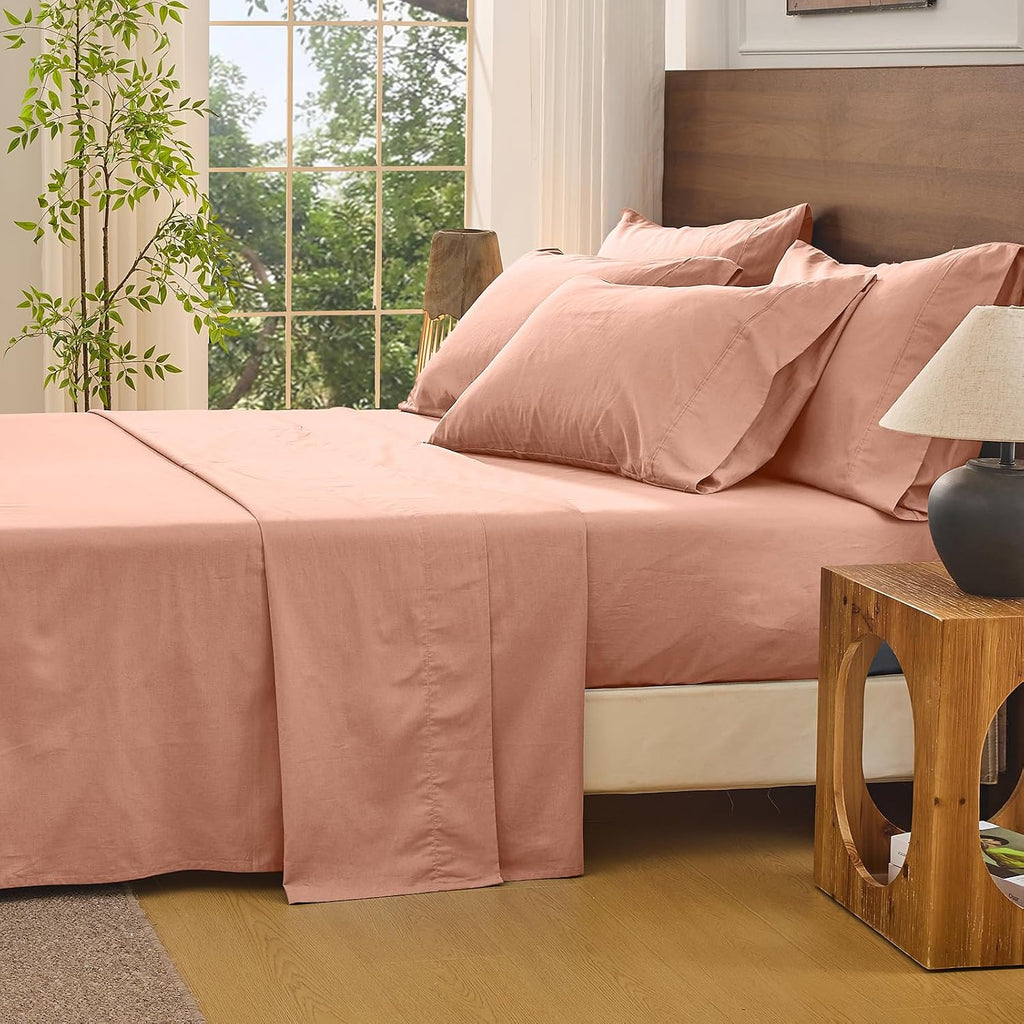 Bedlifes 100% French Linen Sheets California King Size 18-24' Extra Deep Pocket 4-Piece Set Breathable & Moisture-Wicking,Soft & Durable Sheets for Thick Mattresses(Blush Pink)
