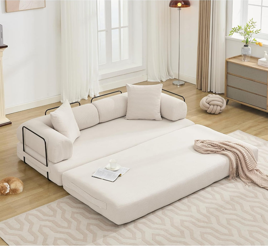 WILLIAMSPACE 78.5' Modern Loveseat Sofa Fold-Out Sofa Bed, Convertible Chair Floor Couch with Removable Backrest, Comfy King Size Sofa Bed for Living Room, Bedroom, Corduroy Fabric (Beige)