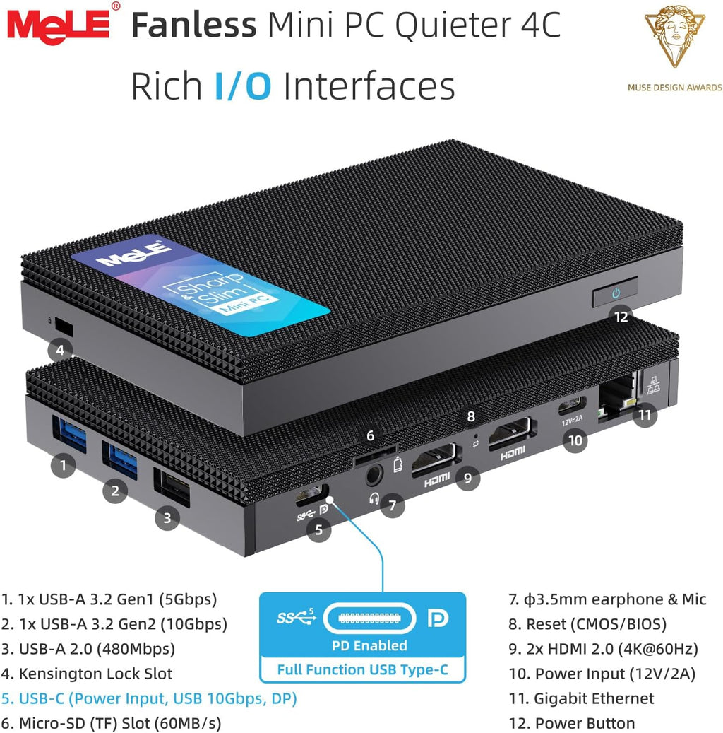 MeLE Mini PC Quieter 4C, N100 Fanless Mini Computers, 32GB LPDDR5 RAM(4800MHz), 512GB SSD, 2.4/5G Wi-Fi, Full-Functional USB-C, 4K Triple Display Desktop on Office, Education, Astrophotography
