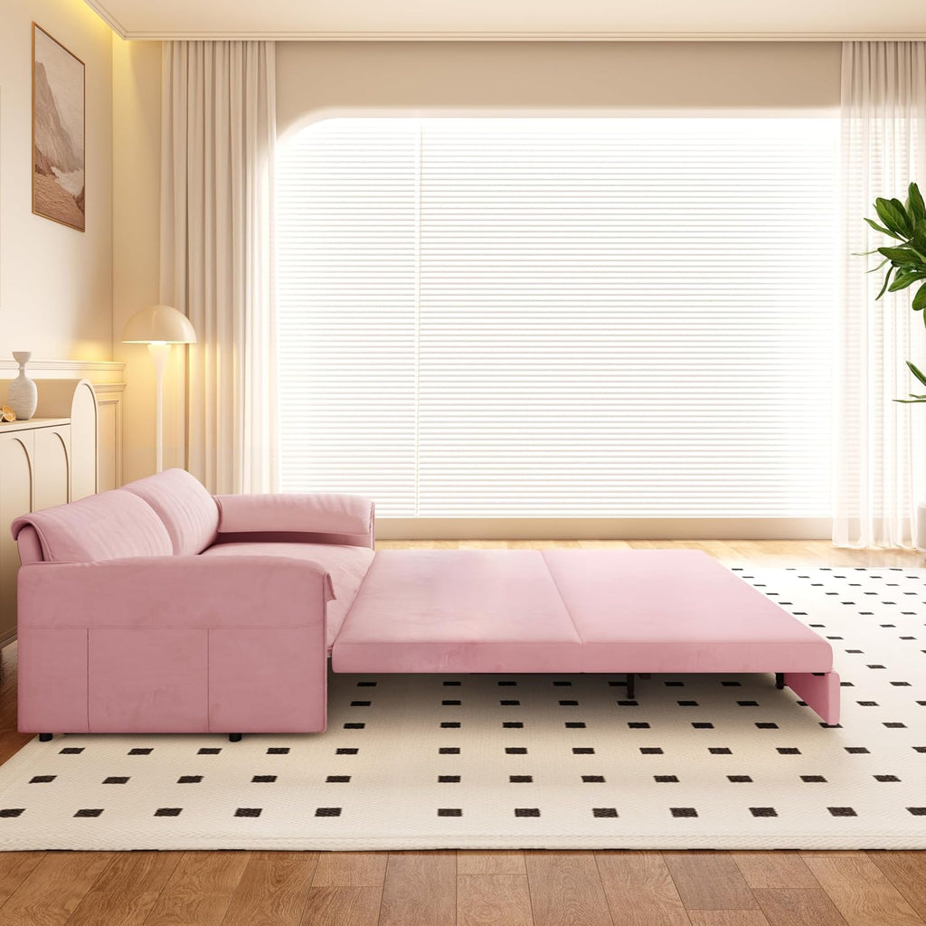 WILLIAMSPACE 66' Queen Pull Out Sofa Bed, 3-in-1 Velvet Convertible Sleeper Sofa Couch with Side Storage, Multi-Functional Loveseat Bed Pull Out Couch for Living Room, Apartment (Pink)