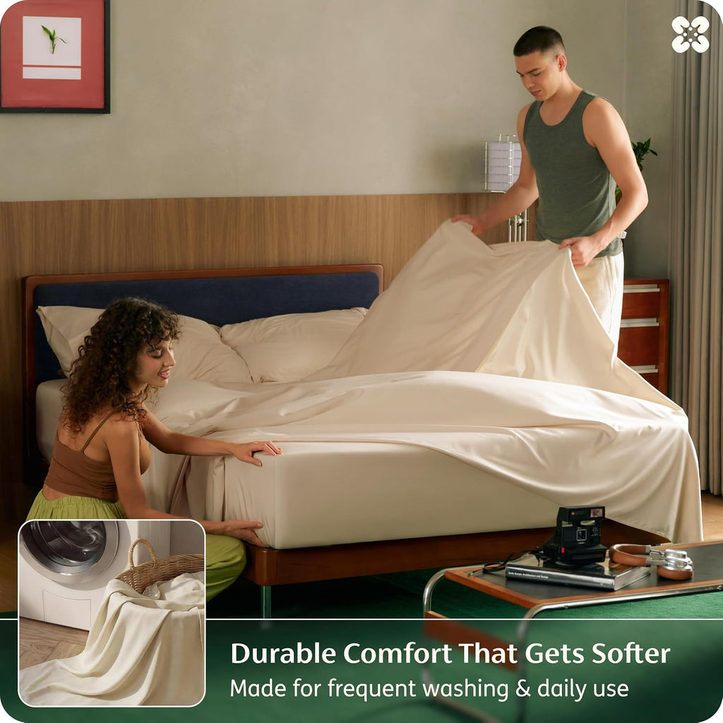 Bedsure Bamboo Viscose Cooling Sheets, Rayon Cotton Serene Blend, PureWoven, Breathable & Buttery Soft King Size Sheets Set, Deep Pocket Up to 18', Hotel Luxury Bedding for Hot Sleepers, Beige