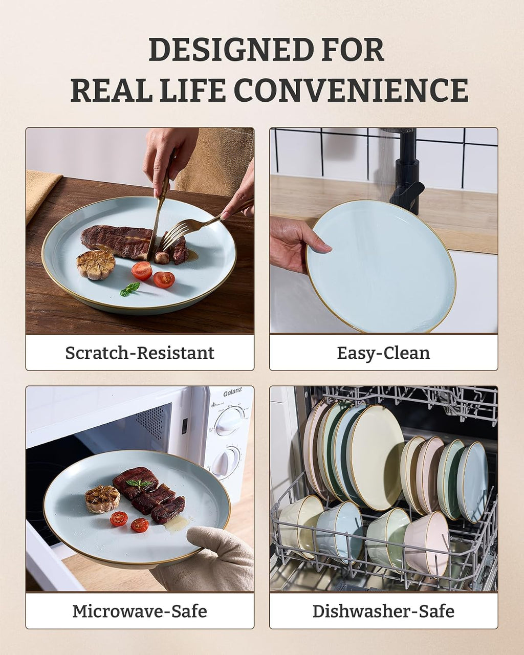Famiware Saturn Plates and Bowls Dish Sets for 6 (18 Pieces), Stoneware Dinnerware Set with Hand-Painted Trim - Chip & Scratch Resistant, Microwave & Dishwasher Safe Ceramic Dishes, Light Blue