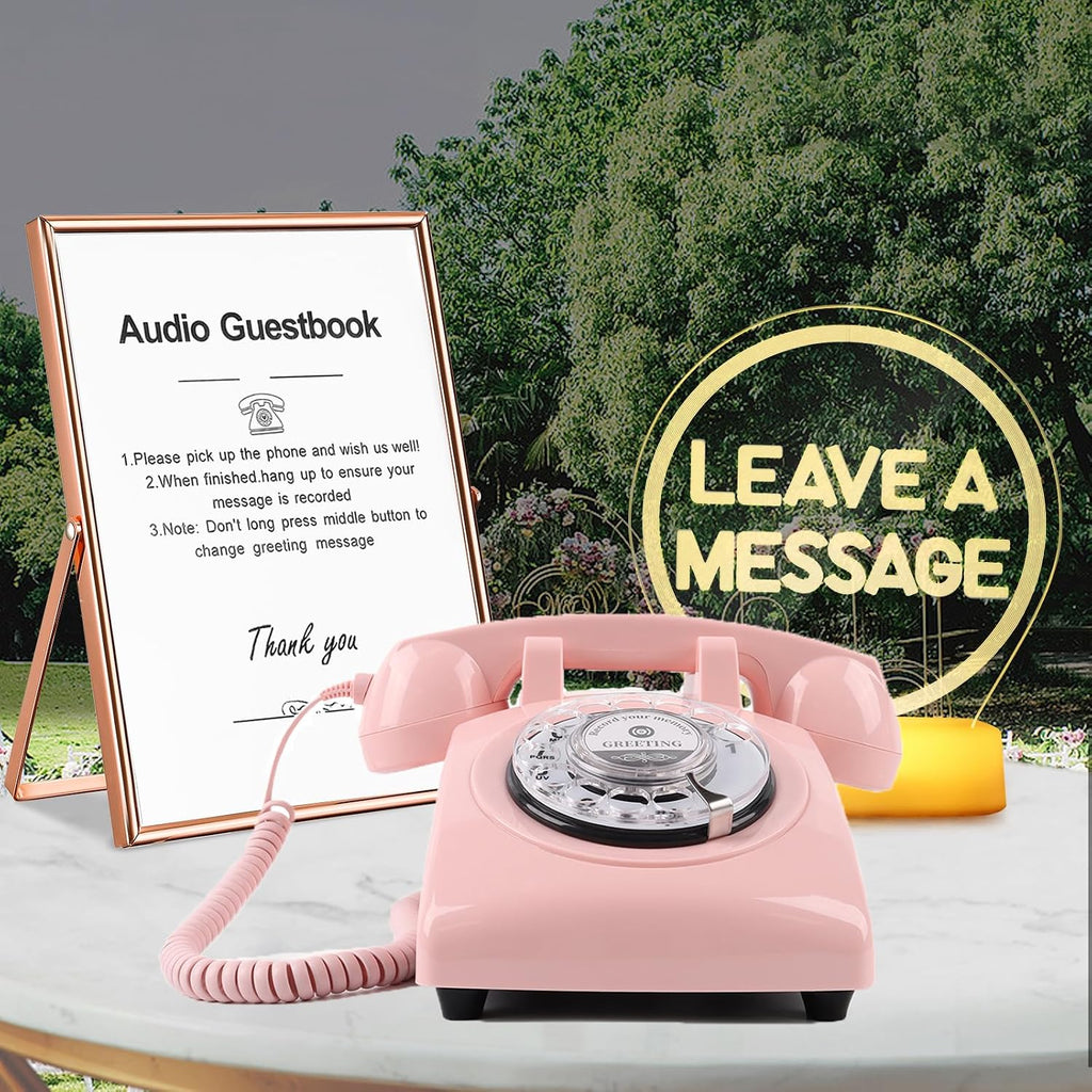 Premium Audio Guest Book Telephone with Free LED Wedding Sign and A5 Vertical Photo Frame | Vintage and Retro Style Audio Guestbook | Rotary Phone with Audio Record Voice Messages (Pink)