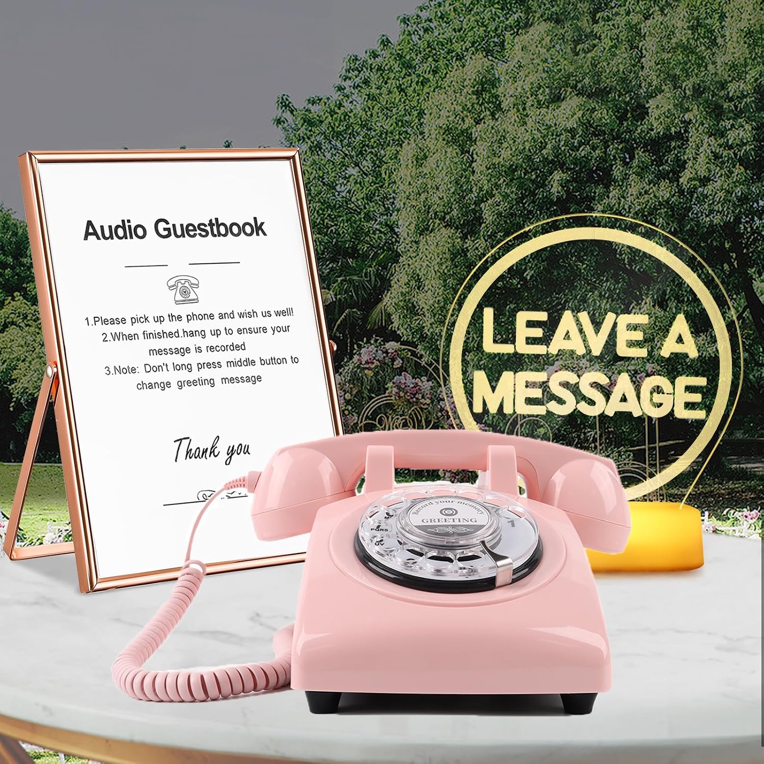 Premium Audio Guest Book Telephone with Free LED Wedding Sign and A5 Vertical Photo Frame | Vintage and Retro Style Audio Guestbook | Rotary Phone with Audio Record Voice Messages (Pink)