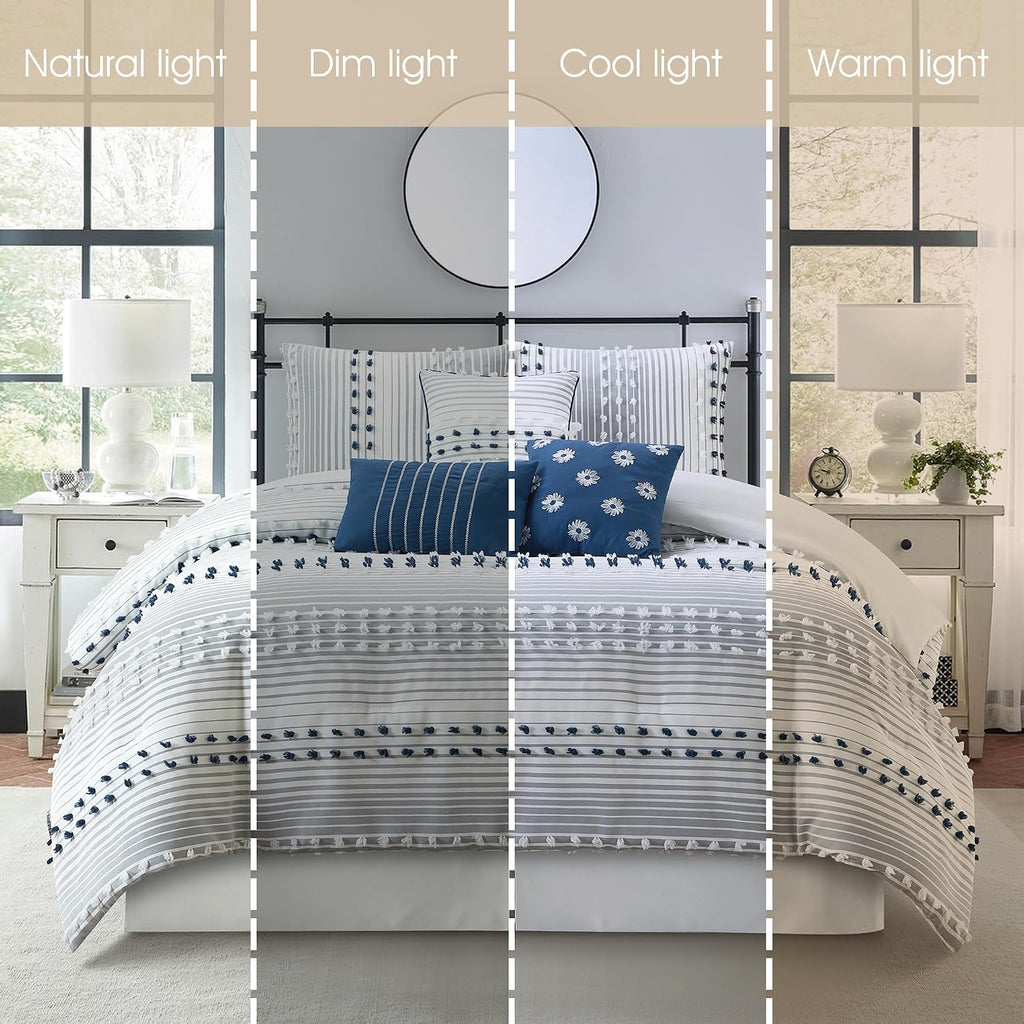 Stratford Park Blue Striped Dots Comforters Queen Size Set, 7 Piece, Jaquard & Clip Ultra Soft, Premium Microfiber, Bedskirt, Pillows & Shams, All Season Bedding Set