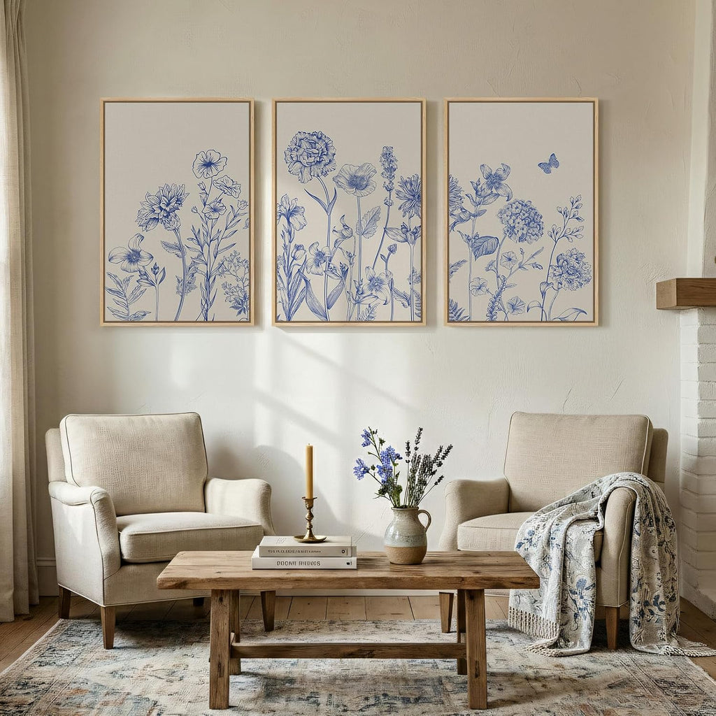 Framed Neutral Chinoiserie Blue Botanical Wall Art, 3 Piece Minimalist Floral Canvas Artwork for Modern Farmhouse, Flower Painting Prints for Living Room Bedroom Kitchen Office Dining Room, 20x30 In