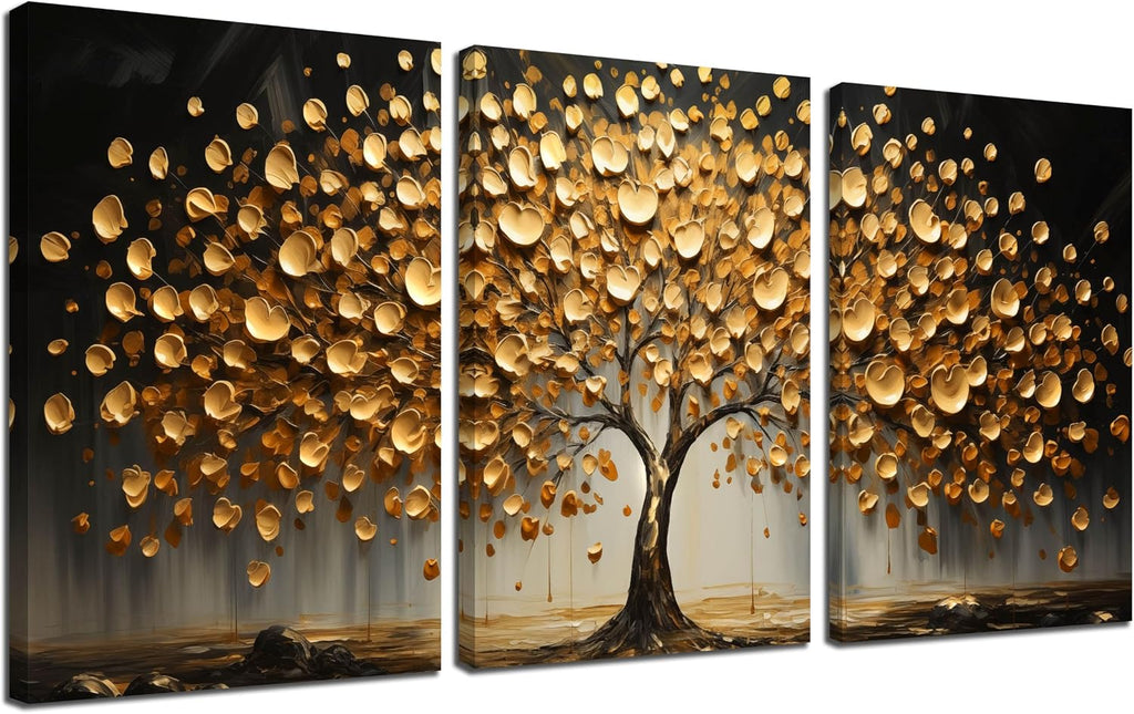 Gold Tree Wall Decor for Living Room Tree of Life Canvas Wall Art for Office Large Bedroom Decor Above Bed 24 x 36 Inch x 3 Pieces