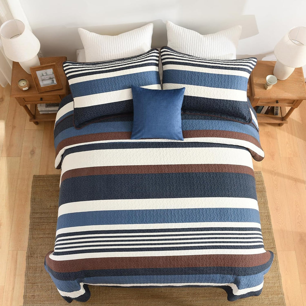 Quilts Queen Size - Blue Quilt Set with Matching Shams, Modern Striped Design Bedding Bedspread, 3 Pieces 100% Cotton Lightweight Coverlet Home Decor for All Season, Brown/Cream