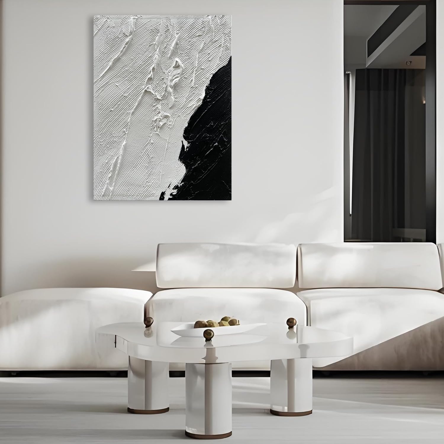 Art Hand-Painted Black and White Texture Abstract Art Oil Painting Modern Minimalist Art Painter Living Office Corridor Wall Deco Art 40x28 inches