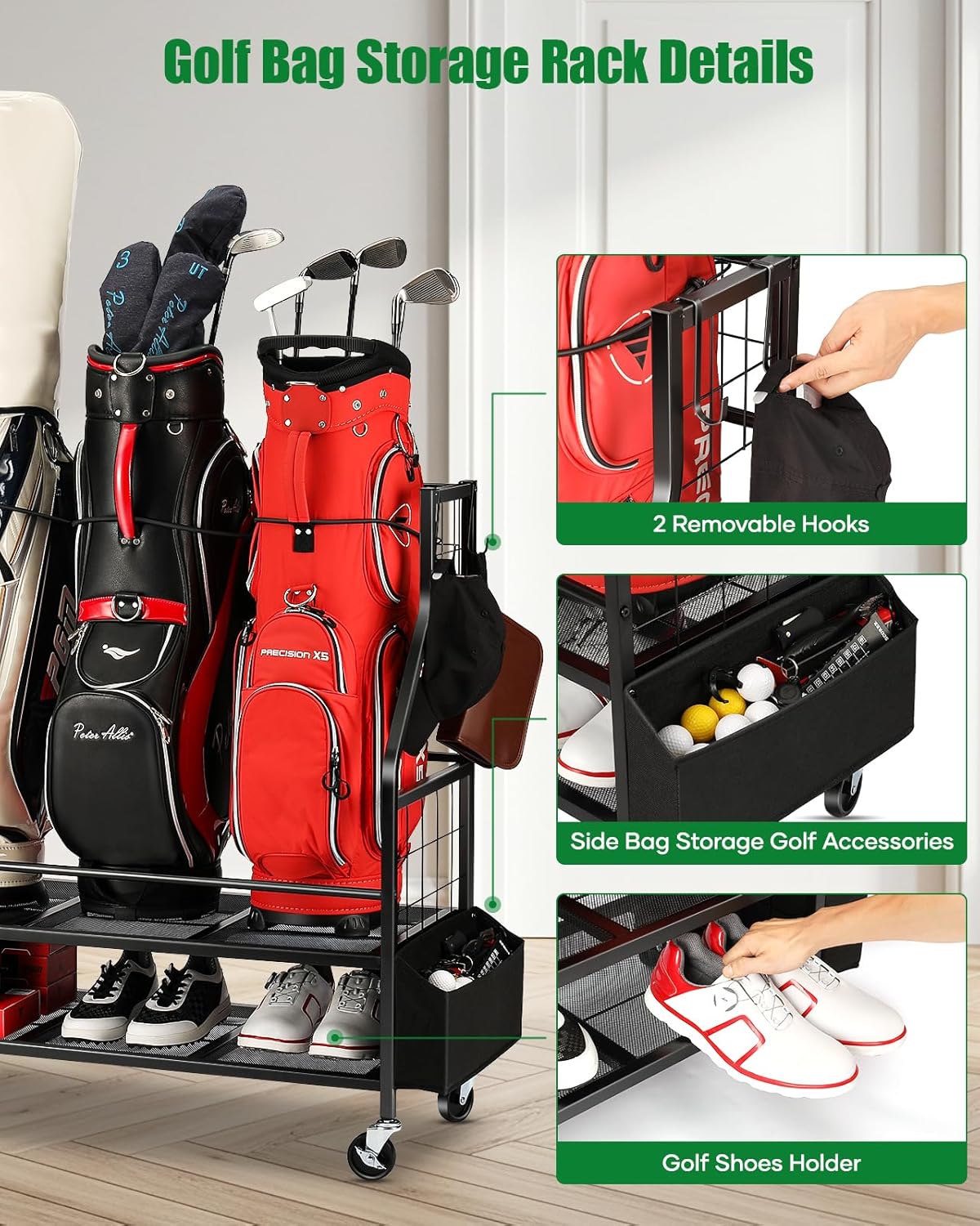 Golf Bag Storage Garage Organizer- Golf Bag Stand Fit for Golf Bags, Golf Clubs, Golf Balls, Golf Equipment Accessories, Golf Bag Storage Rack with Wheels for Garage