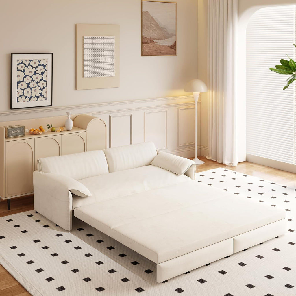 WILLIAMSPACE 66' Queen Pull Out Sofa Bed, 3-in-1 Velvet Convertible Sleeper Sofa Couch with Side Storage, Multi-Functional Loveseat Bed Pull Out Couch for Living Room, Apartment (Beige)