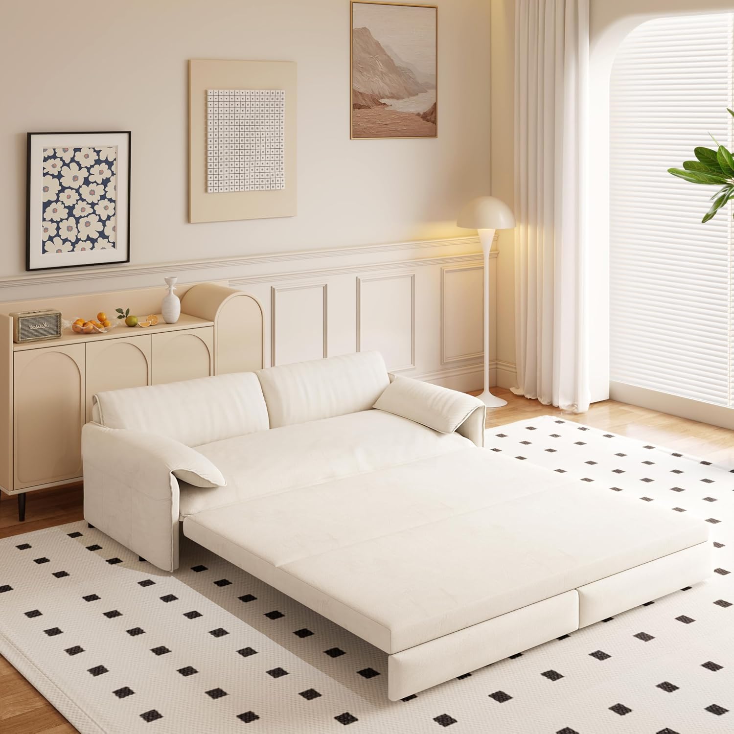 WILLIAMSPACE 66' Queen Pull Out Sofa Bed, 3-in-1 Velvet Convertible Sleeper Sofa Couch with Side Storage, Multi-Functional Loveseat Bed Pull Out Couch for Living Room, Apartment (Beige)