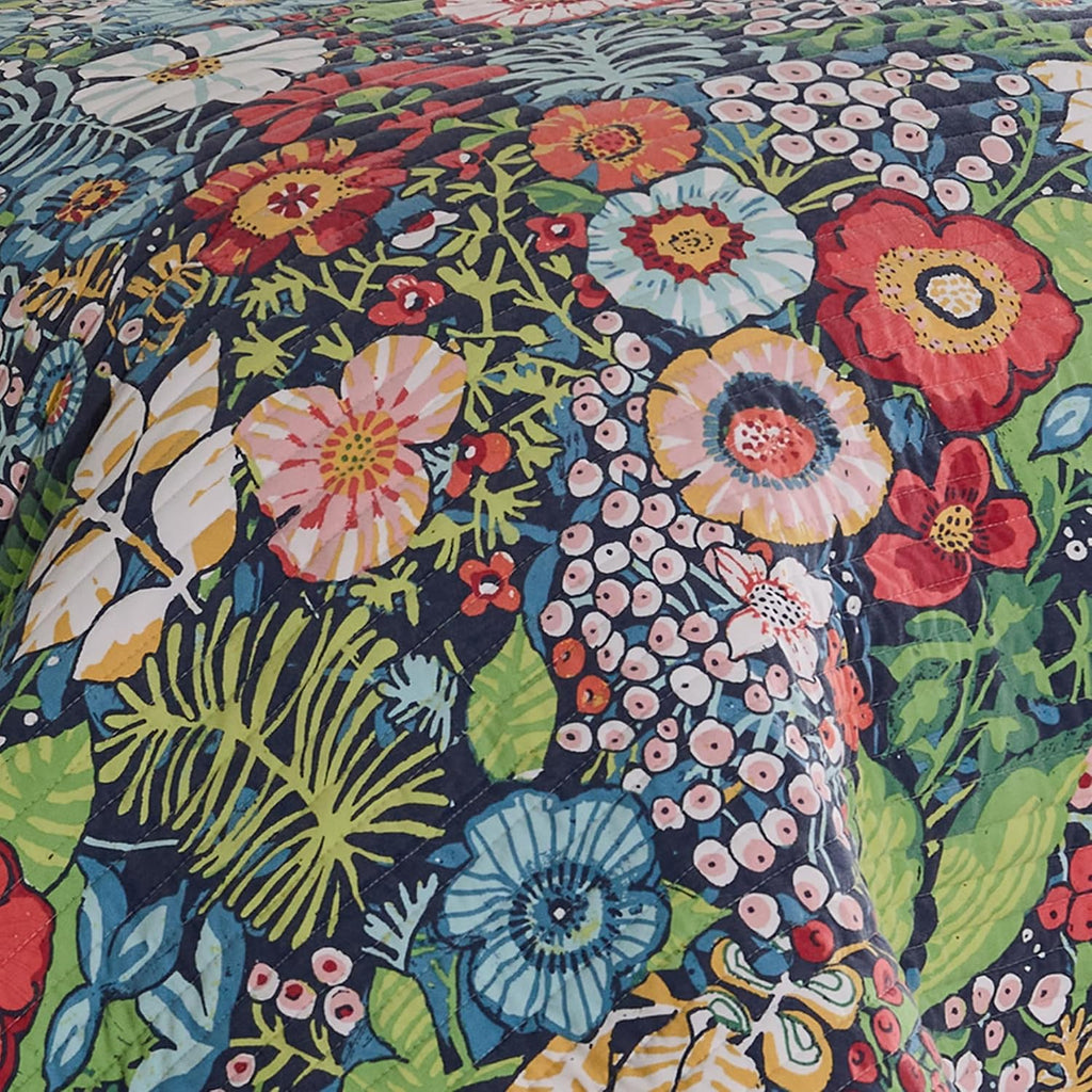 Levtex Home - Night Garden Quilt Set - Full/Queen Quilt and Two Standard Shams - Bold Floral - Navy Red Pink Green Ochre White - Quilt (88x92in.) and Shams (20x26in.) - Reversible - Cotton