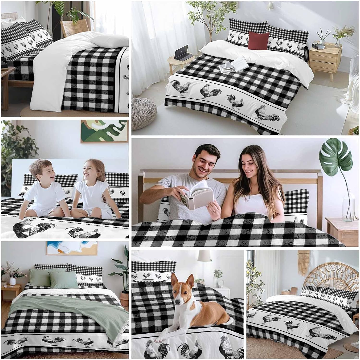 Prime Leader Vintage Black Plaid Duvet Cover Set Queen Size 4 Pieces Farm Cock Chicken Animal Watercolor Bedding Set with Zipper Closure, 1 Comforter Cover 90x92 Inches 1 Flat Sheet & 2 Pillow Cases