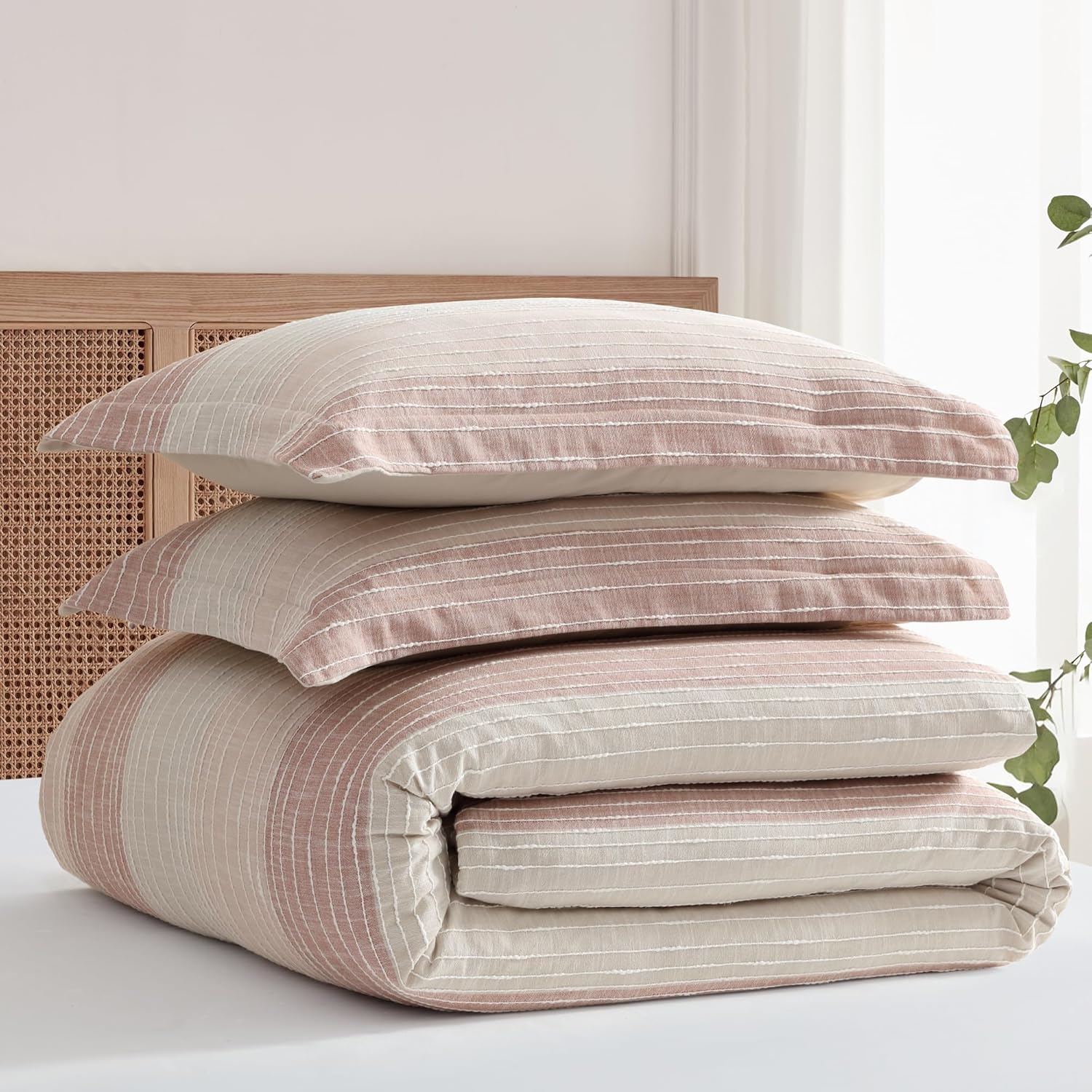 Levtex Home Sand Stripes Blush Full/Queen Comforter Set (90x94in) with 2 Pillowcases (26x20in) - Woven Jacquard Stripe - Pink, Dusty Rose, Cream, White - Cotton Full/Queen Size Comforter Set - Soft