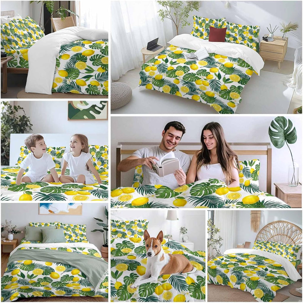 Prime Leader Lemon Leaf Duvet Cover Set Queen Size 4 Pieces Watercolor Lemon Floral Monstera Leaf Bedding Set with Zipper Closure, 1 Comforter Cover 90x92 Inches 1 Flat Sheet & 2 Pillow Cases