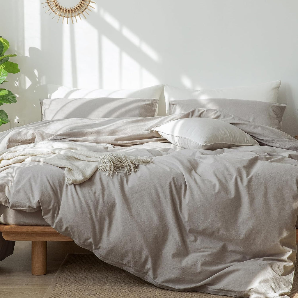 MooMee Bedding Duvet Cover Set 100% Washed Cotton Linen Like Textured Breathable Durable Soft Comfy (Heathered Brownish Grey, Super King Plus 120'x120')