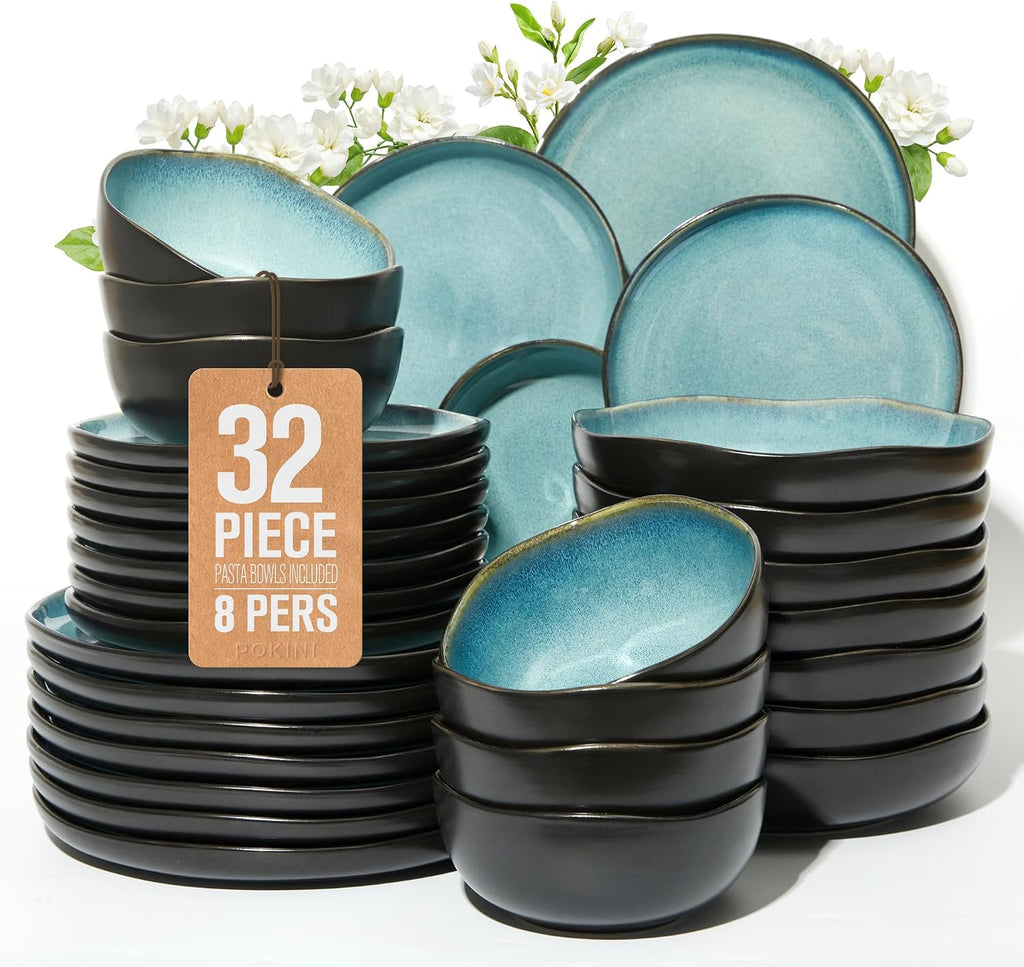 Pokini 32 Piece Dinnerware Set for 8 with Pasta Bowls, Green Black Reactive Glaze Stoneware | All‑in‑One Host Set for Entertaining, Holiday Meals, Multi‑Course Dinners | Unique Irregular Coastal Look