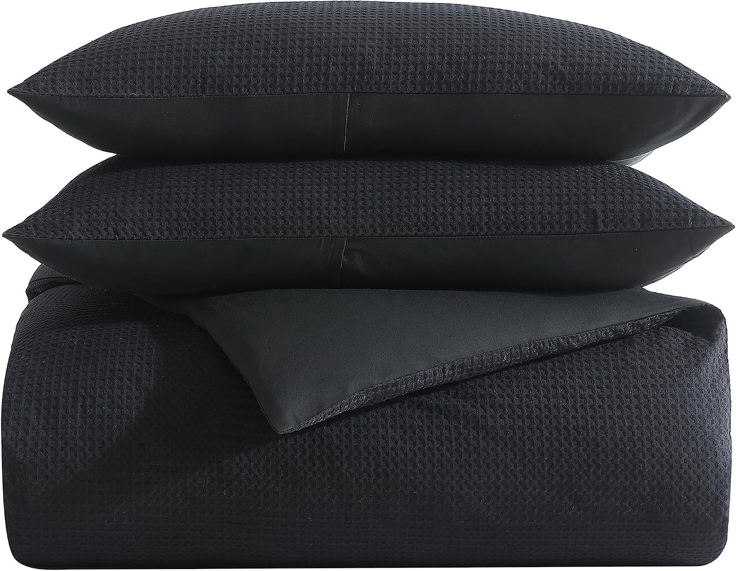 Vera Wang - King Comforter Set, Soft Cotton Bedding with Waffle Pique Texture & Smooth Cotton Percale Reverse, Medium Weight for Year-Round Comfort, 3 Piece Bed Set with Matching Pillowcases (Black)