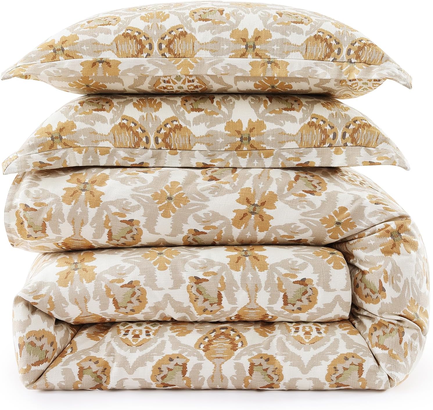 HiEnd Accents Andie Washed Linen Floral Comforter Set, 3 Piece Queen Size Bedding Set, Vintage Flower Print, Cream Tuscan Marigold Medallion Pattern, Chic Casual Classic Comforter with Pillow Shams