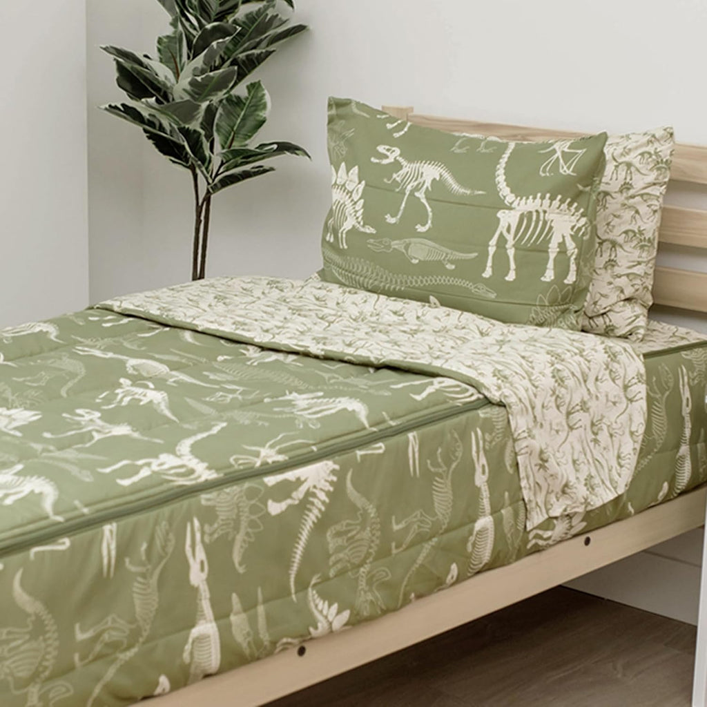 Beddy's Dinosaur T-Rex Durable Zipper Bedding for Kids - Green Sheets & Comforter with Dino Fossils - Includes 2 Pillowcases & 2 Shams - Easy to Make & Wash- Full