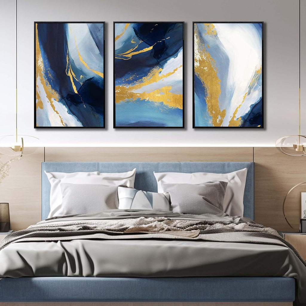 Abstract Wall Art for Living Room, Framed Canvas Wall-Decor for Bedroom, Blue White and Gold Picture Prints, Size 24 x 36 Inches 3-Pieces