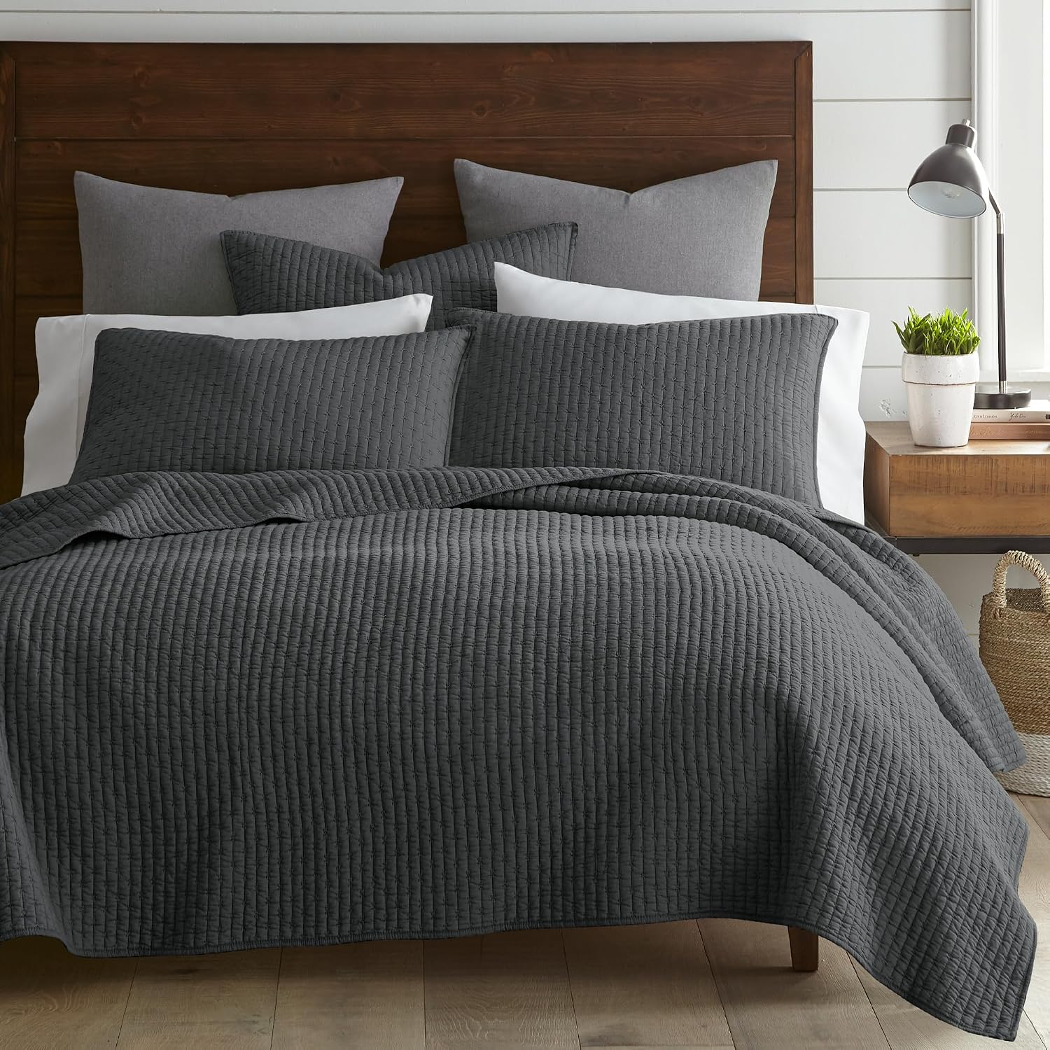 Levtex Home Cross Stitch Reversible Full/Queen Quilt Set (88x92in) with 2 Pillow Shams (26x20in) - Stitch Texture - Charcoal - Cotton Full/Queen Size Quilt Bedding Set - Lightweight, Soft, Pre-Washed