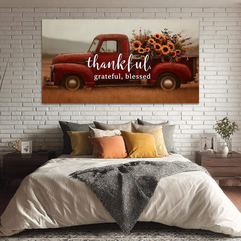 TIMUBA Farmhouse Truck Wall Art, Country Landscape Canvas Artwork, Red Vintage Truck Sunflower Pictures Wall Decor Bedroom, Rustic Truck Floral Painting Prints for Farm Living Room Decor 60x30 Inches