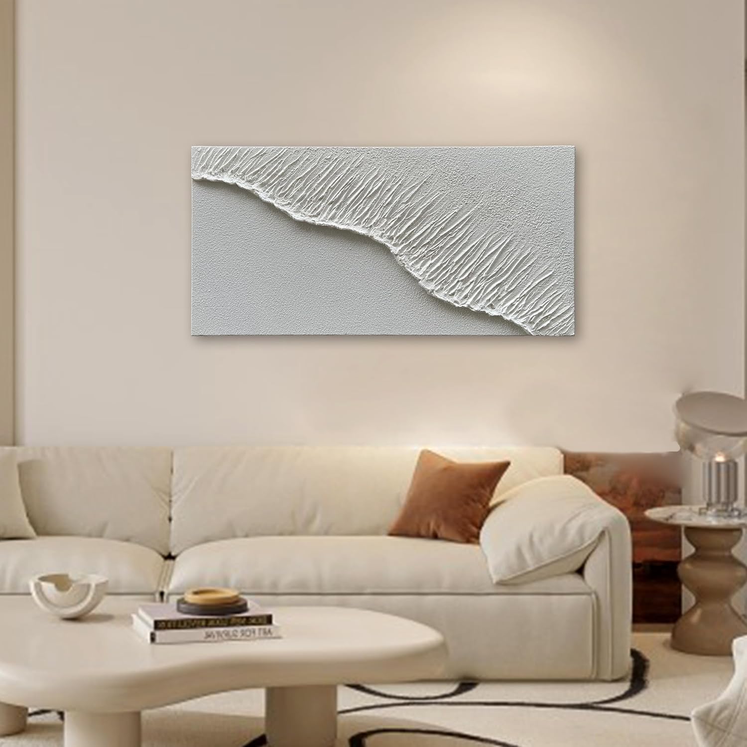 NANKAI Art Hand-Painted White Wave Texture Abstract Art Contemporary Minimalist Canvas Oil Painting, Home Living Room Corridor Wall Decoration Art, 24x48 inches