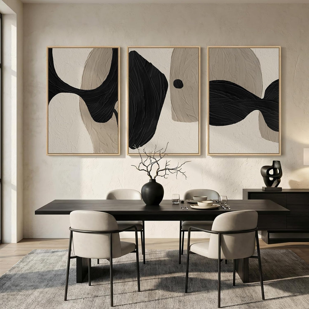 Large Framed Neutral Abstract Wall Art for Living Room, 3 Piece Black and Beige Canvas Artwork for Walls, Abstract Modern Minimalist Painting Prints Wall Decor for Hallway Dining Room Office, 24x36 In