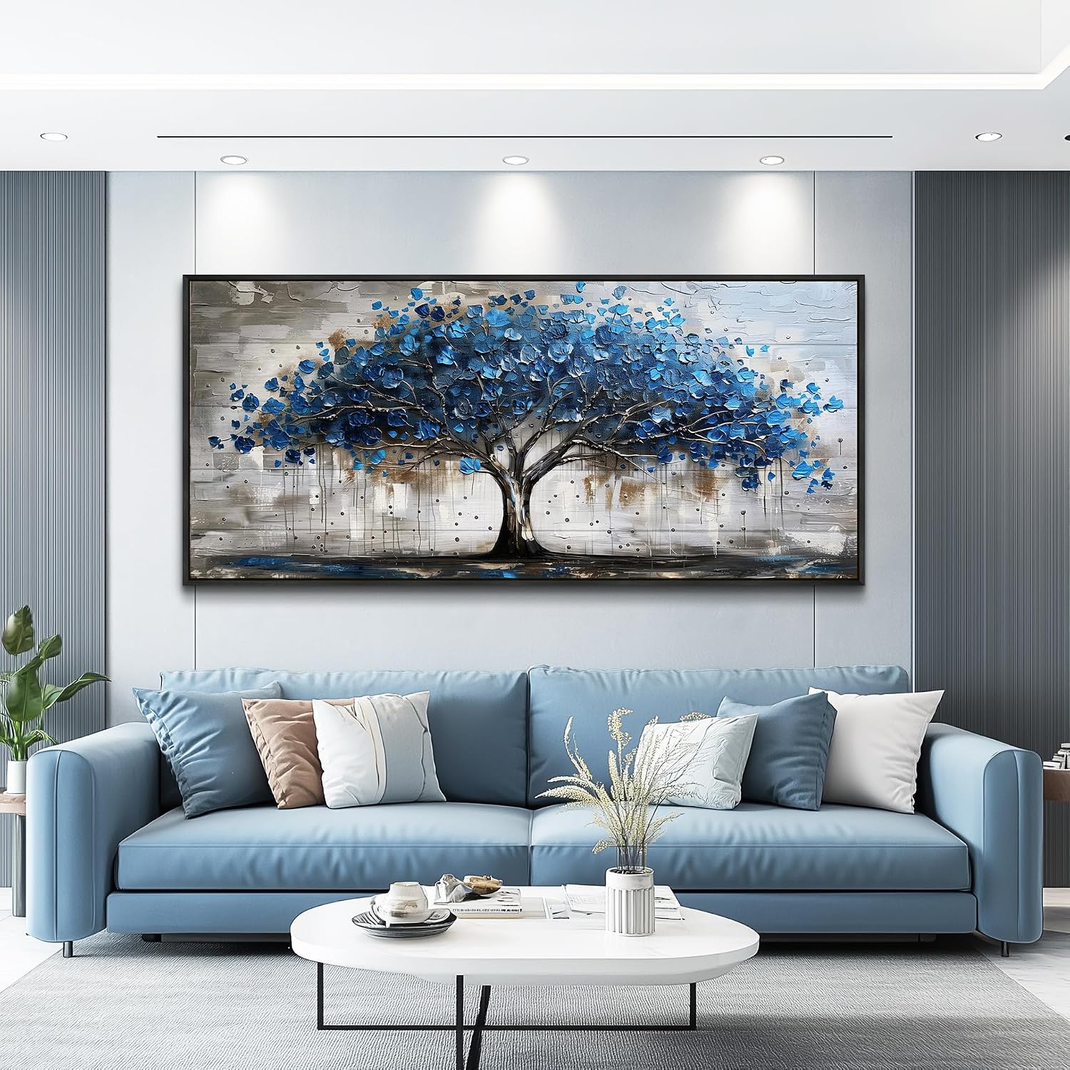 Lapremoly Framed Wall Art For Living Room Tree of Life Canvas Prints Extra Large Wall Decorations Blue Artwork For Walls Forest Pictures Abstract Paintings for Bedroom Office Modern Home Decor 32X72