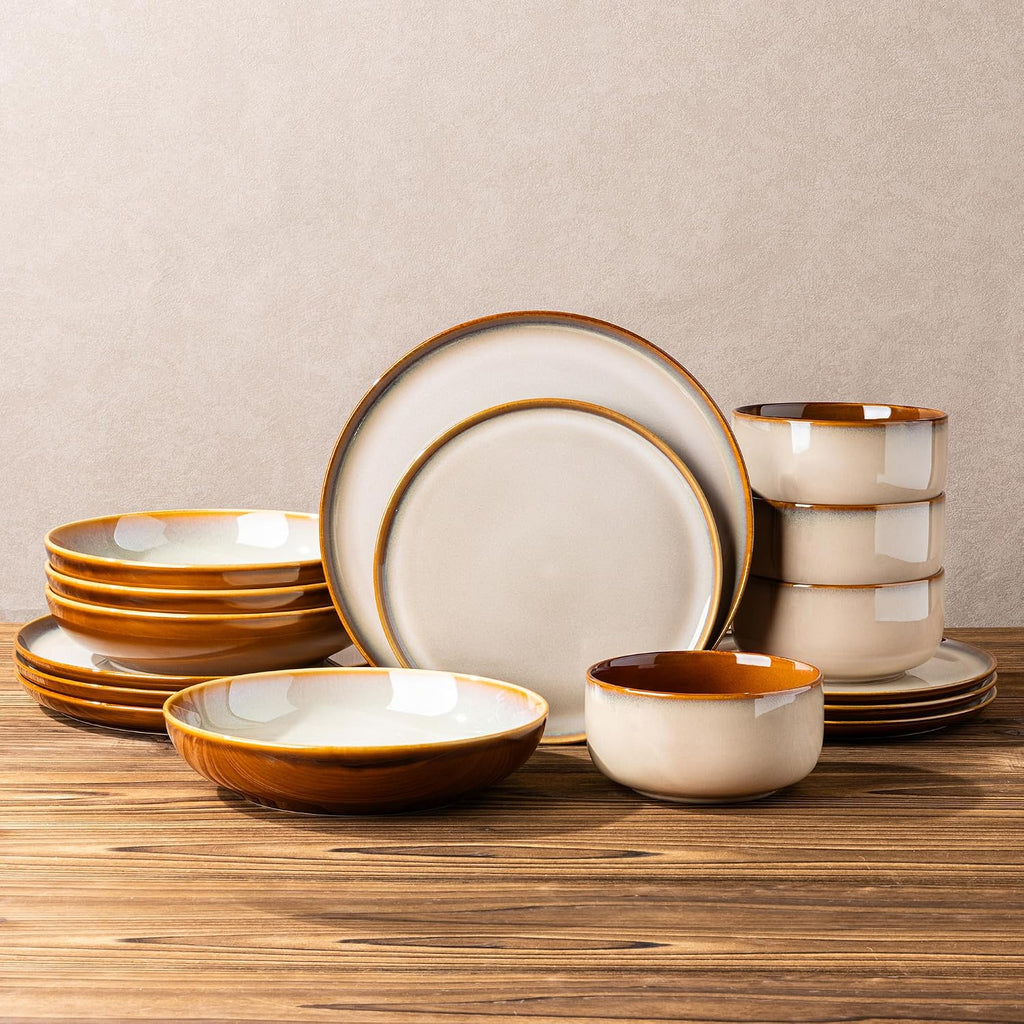 LERATIO Ceramic Dinnerware Sets with Pasta Bowls for 4,Plates and Bowls Sets,Oven &Microwave & Dishwasher Safe,Light Weight & Scratch Resistant Dishes Sets-Service for 4 (16pcs)-Kahki