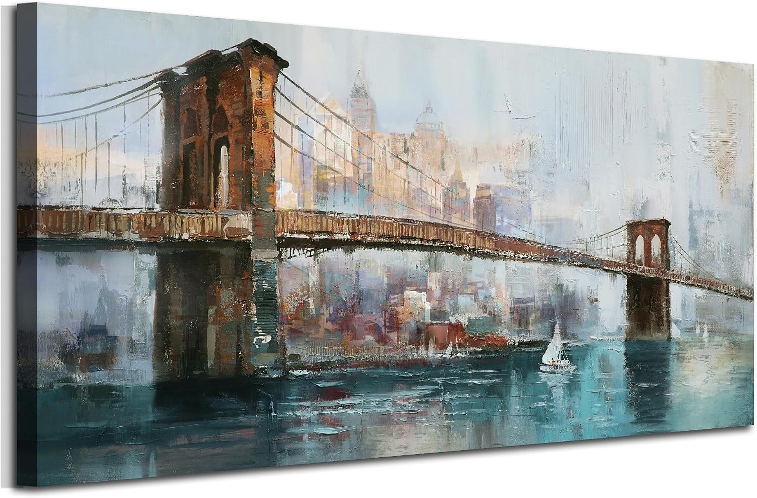 Acocifi New York Brooklyn Bridge Canvas Wall Art for Living Room 58'x29', Modern NYC Skyline Painting Abstract Cityscape Picture, Large Textured Artwork Framed for Bedroom Men Office Home Decor