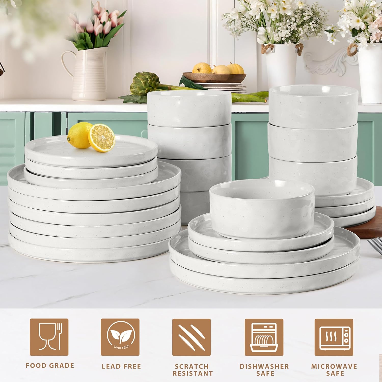 LIANYU 24 Piece Dinnerware Sets for 8, Stoneware Plates and Bowls Dish Set, Kitchen Dinner Ware Speckled Dining Dishware, Microwave & Dishwasher Safe, Polar White