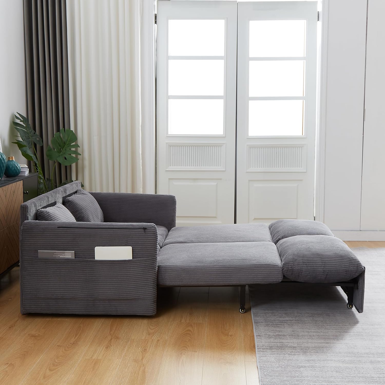 WILLIAMSPACE 64.5' Pull Out Sofa Bed, 3-in-1 Adjustable Sleeper Sofa Couch with Side Storage, Convertible Loveseat Sofa Bed Pull Out Couch for Living Room, Apartment, Corduroy, Gray