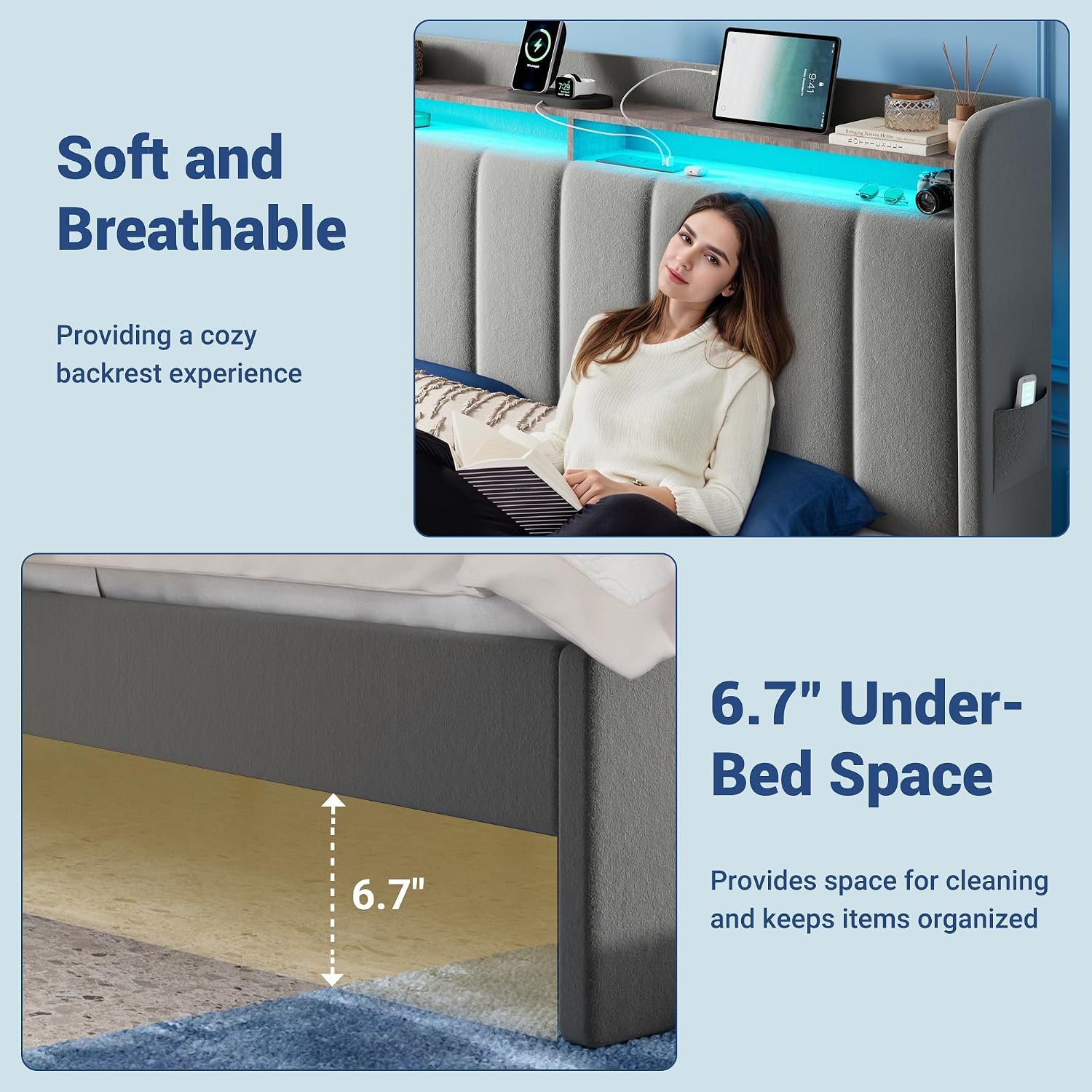 Allewie Velvet Vertical Tufted Full Size Upholstered Platform Bed Frame with 2-Tier LED Storage Headboard & 2 Storage Drawers, USB & Type-C Charging Ports, Noise-Free/No Box Spring Needed, Grey