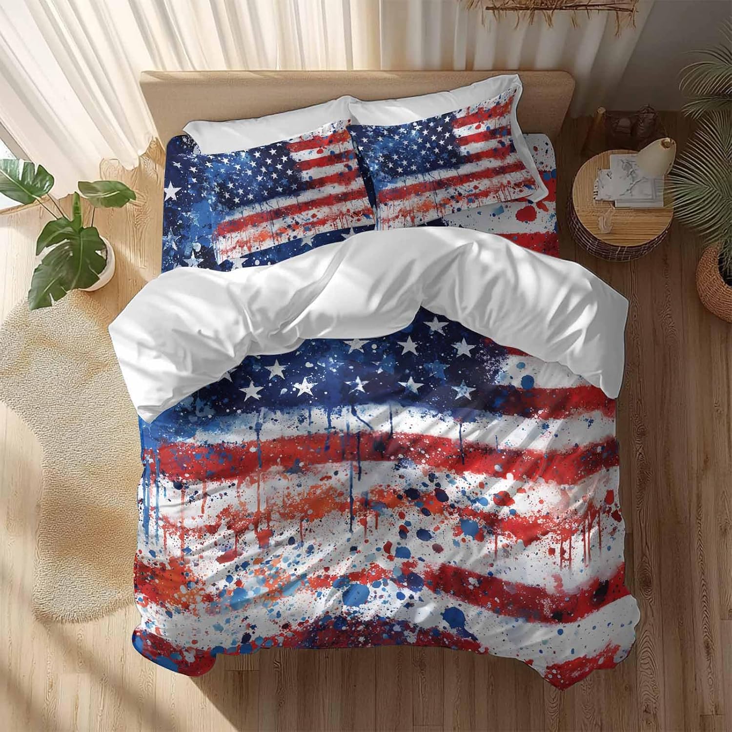 Independence Day Duvet Cover Set Queen Size 4 Pieces Mottled Red Blue White Stars Painted Flag Bedding Set with Zipper Closure, 1 Comforter Cover 90x92 Inches 1 Flat Sheet & 2 Pillow Cases