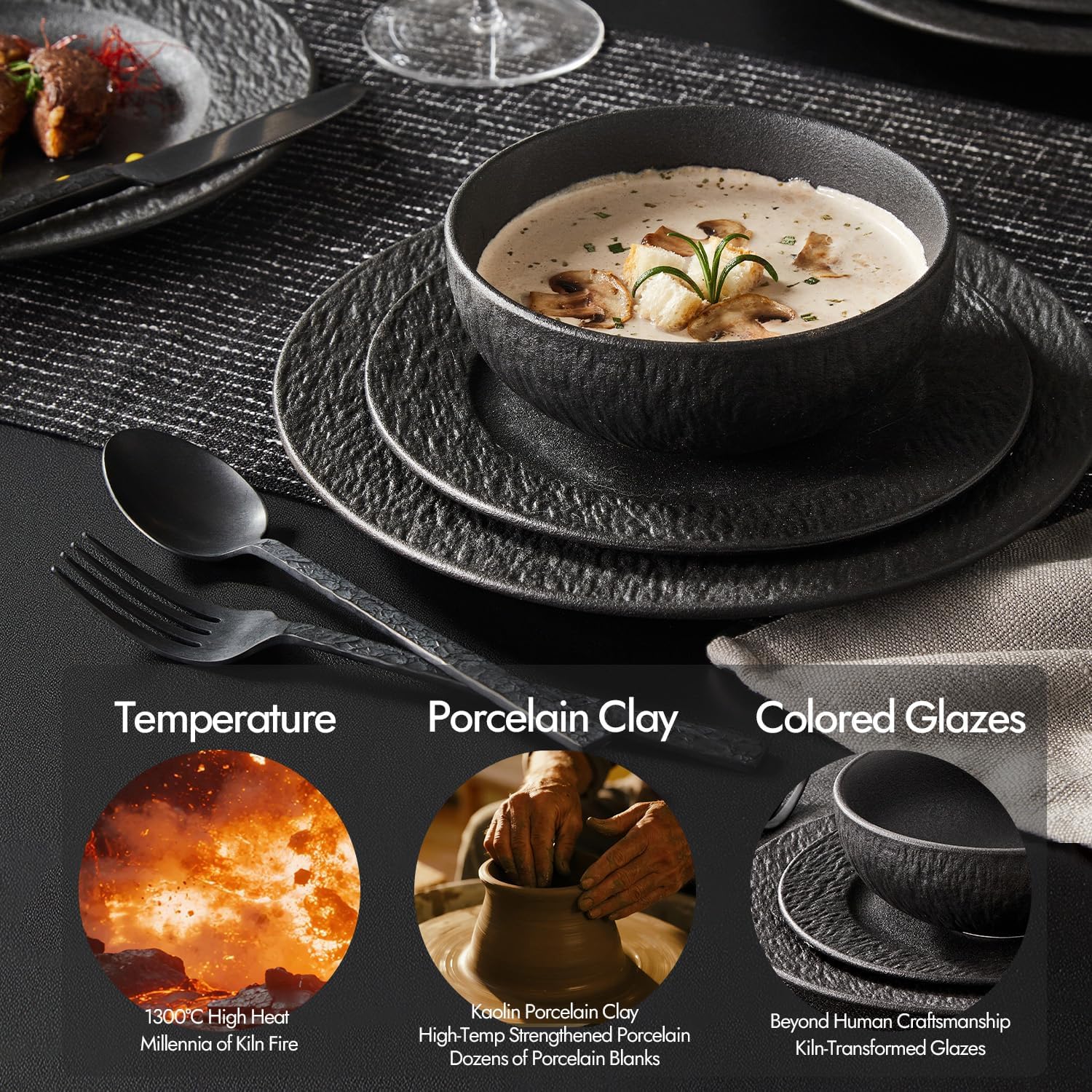KINGSTONE Black Dinnerware Sets, 12-Piece Matte Marble Pattern Premium Porcelain, Place Setting with Dinner Plate, Salad Plate, Pasta Bowl, Microwave and Dishwasher Safe