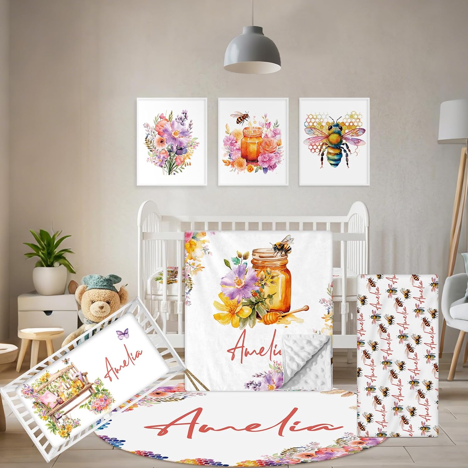 Terwex Custom Baby Crib Bedding Set, 5 Pcs Personalized Name Baby Crib Sets for Infant Toddler, Yellow Bee Nursery Bedding Set for Boy Girl, Double Layer Flannel Baby Bedding Sets Customized Gifts