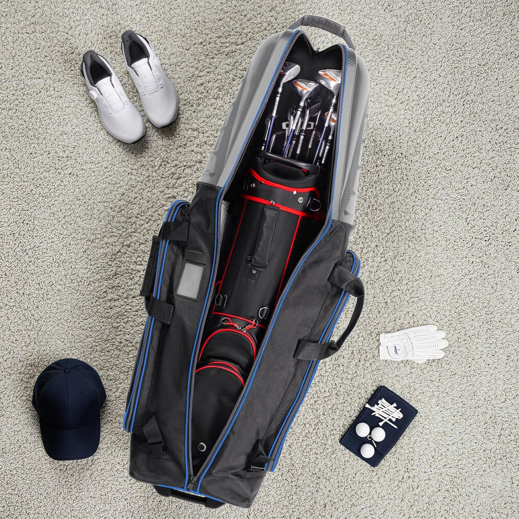 Golf Travel Bags for Airlines with Carbon Fiber Hard Top, Protective Club Traveling Cover with Wheel, Golf Club Carrier Case for Airplanes, Thick Padding, Durable Zippers and 2 Sided Spacious Pockets