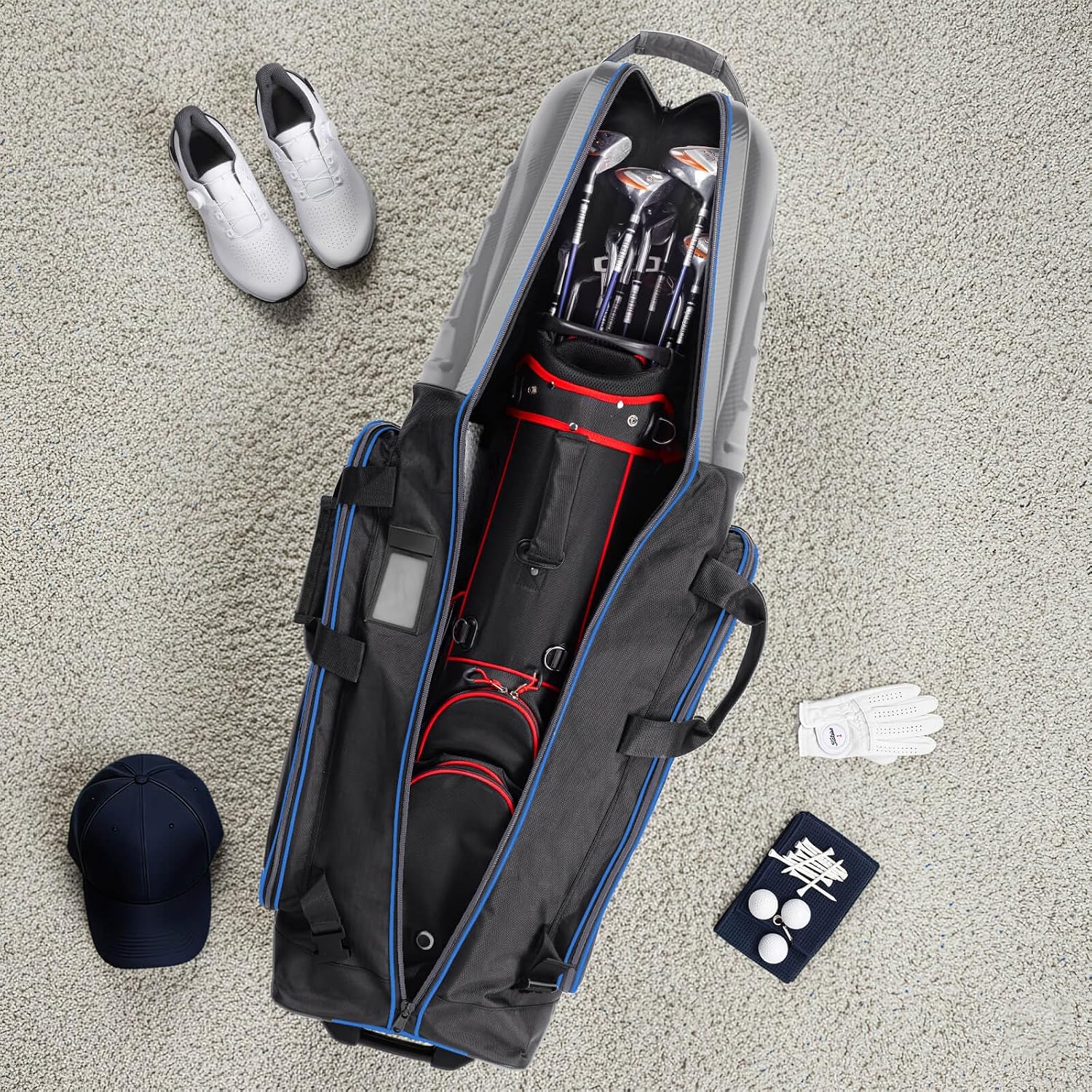 Golf Travel Bags for Airlines with Carbon Fiber Hard Top, Protective Club Traveling Cover with Wheel, Golf Club Carrier Case for Airplanes, Thick Padding, Durable Zippers and 2 Sided Spacious Pockets