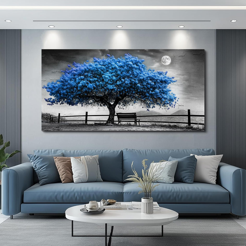 FUHAIHUA Canvas Wall Art For Living Room Large Wall Decor For Office Bedroom Decorations Black And White Landscape Pictures Blue Tree Painting Artwork Room Wall Mural Aesthetic Home Decor 30x60 In