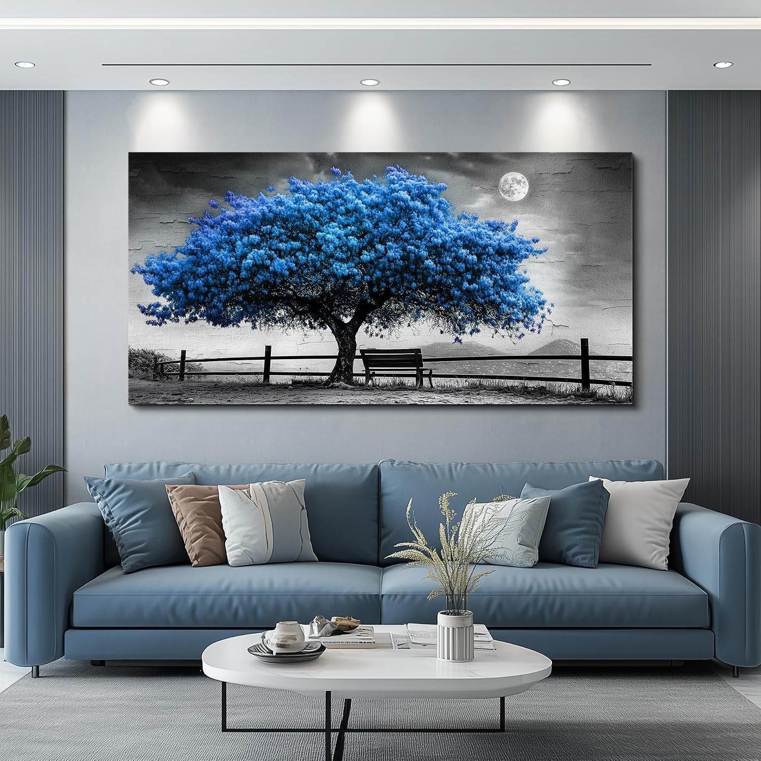 FUHAIHUA Canvas Wall Art For Living Room Large Wall Decor For Office Bedroom Decorations Black And White Landscape Pictures Blue Tree Painting Artwork Room Wall Mural Aesthetic Home Decor 30x60 In
