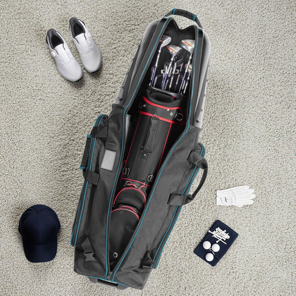 Golf Travel Bags for Airlines with Carbon Fiber Hard Top, Protective Club Traveling Cover with Wheel, Golf Club Carrier Case for Airplanes, Thick Padding, Durable Zippers and 2 Sided Spacious Pockets